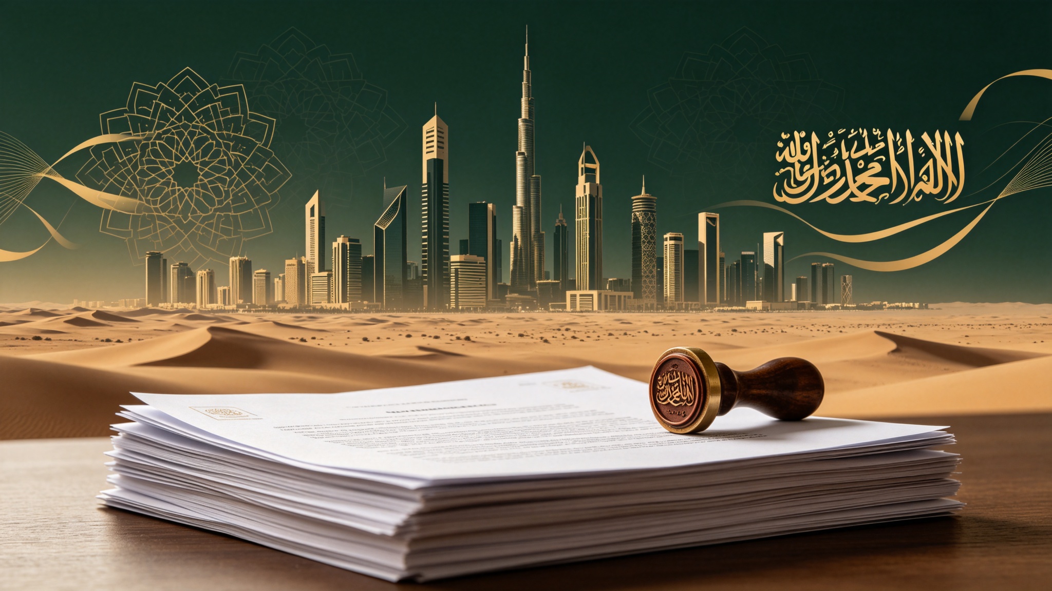 Saudi business skyline with documents and seal